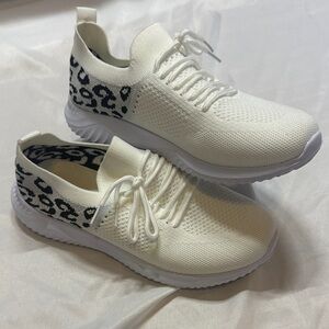 White Knit Lace-Up Women's Sneakers with Leopard Accent